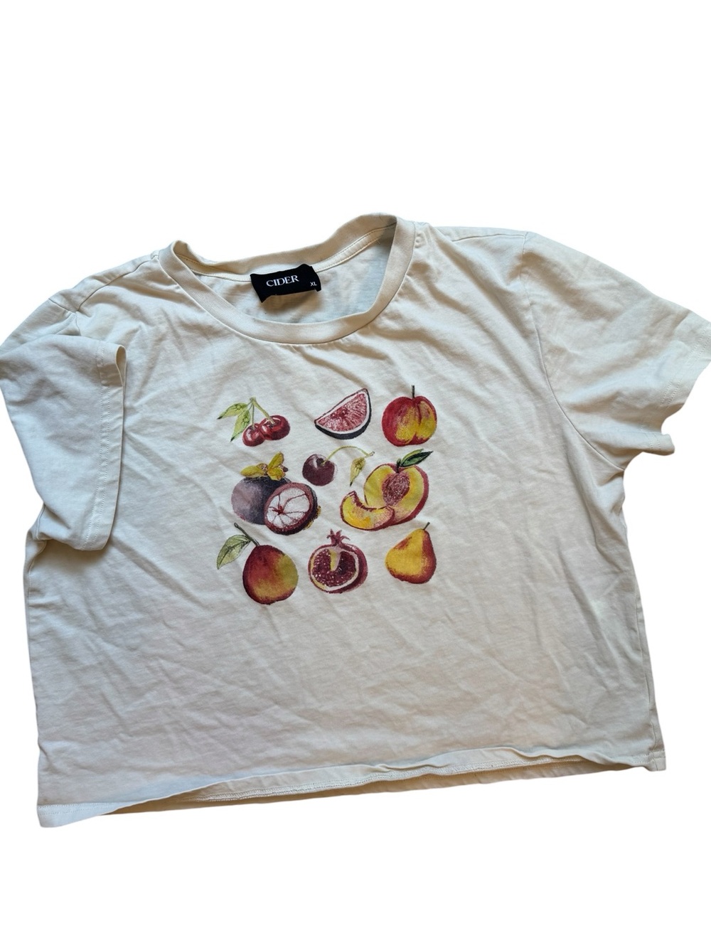 🍓Cider Women’s Cream Fruit Print Cropped Short Sleeve Graphic Tee XL